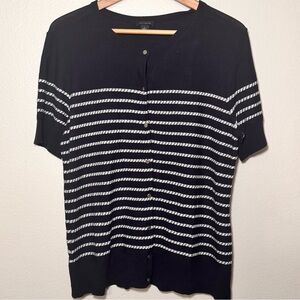 Ann Taylor Striped Cardigan Large Navy White Nautical Short Sleeve
